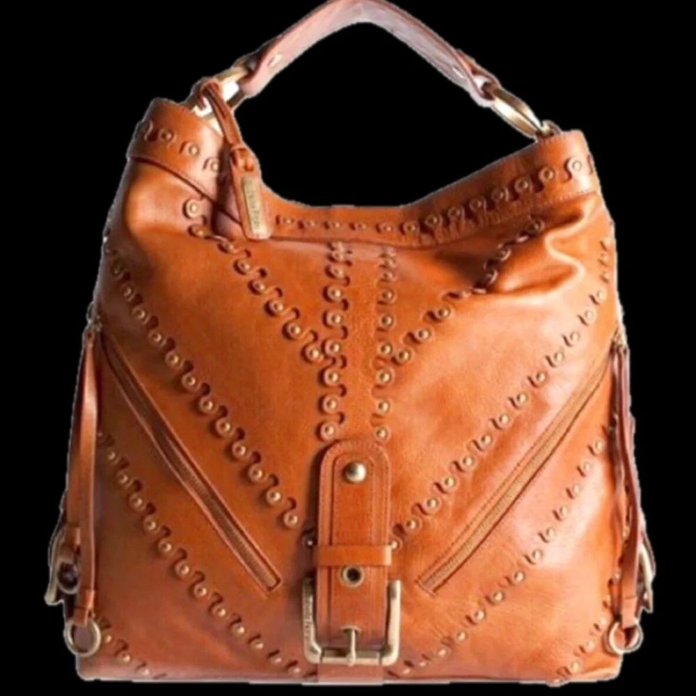 Isabella Fiore Carina Metal of Honor Stud Muffin Hobo Cognac Leather Bag - Picture 1 of 10